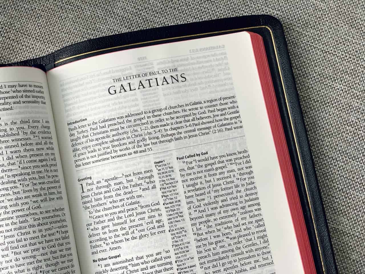 A Bible open to the book of Galatians.