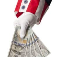 Uncle Sam Handing Holding Money Isolated on White Background.